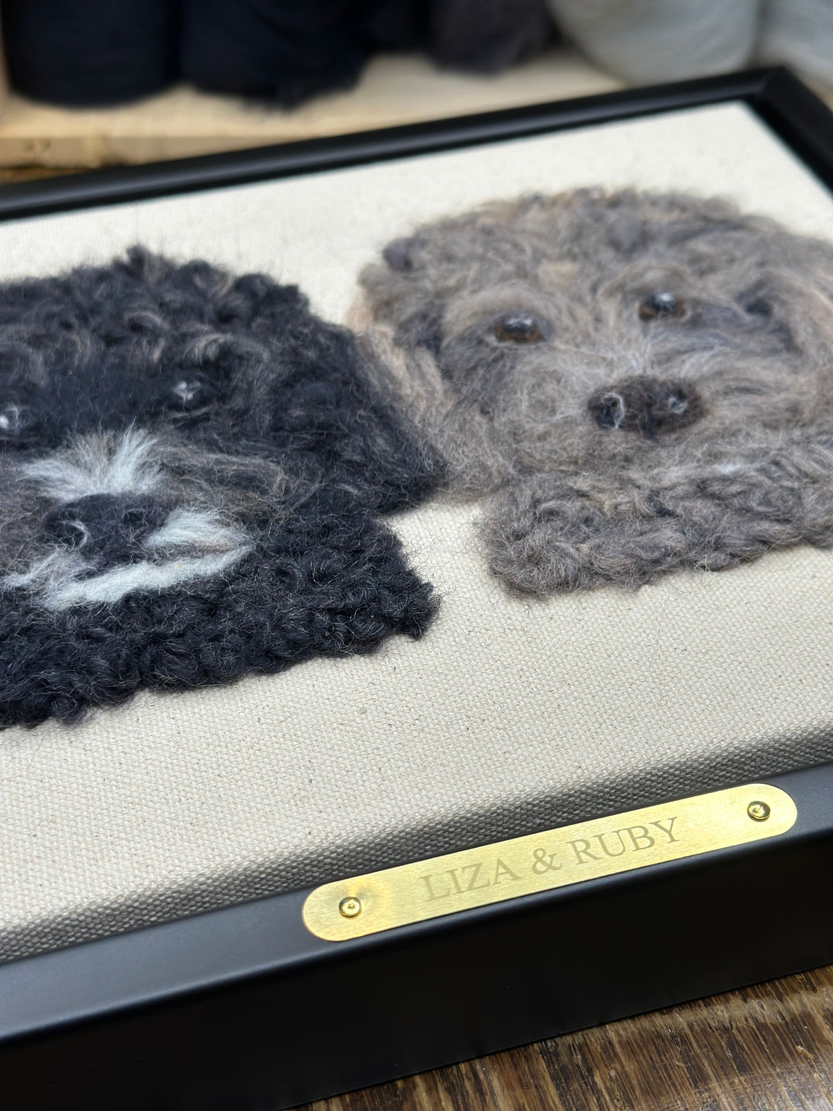 Double Pet Portrait – Custom Wool Art with Dual Name Plate