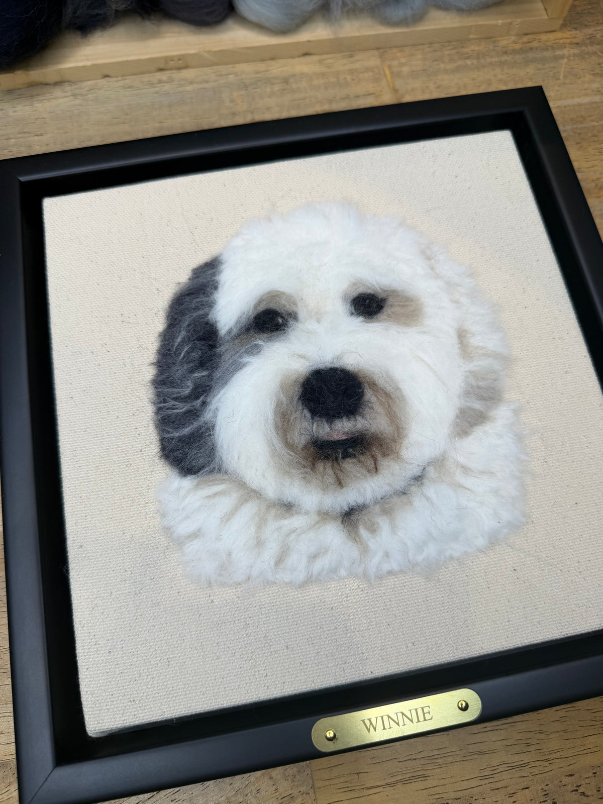 Single Pet Portrait – Custom Wool Art with Name Plate