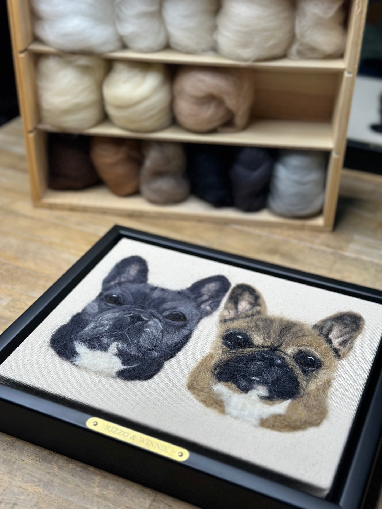 Double Pet Portrait – Custom Wool Art with Dual Name Plate