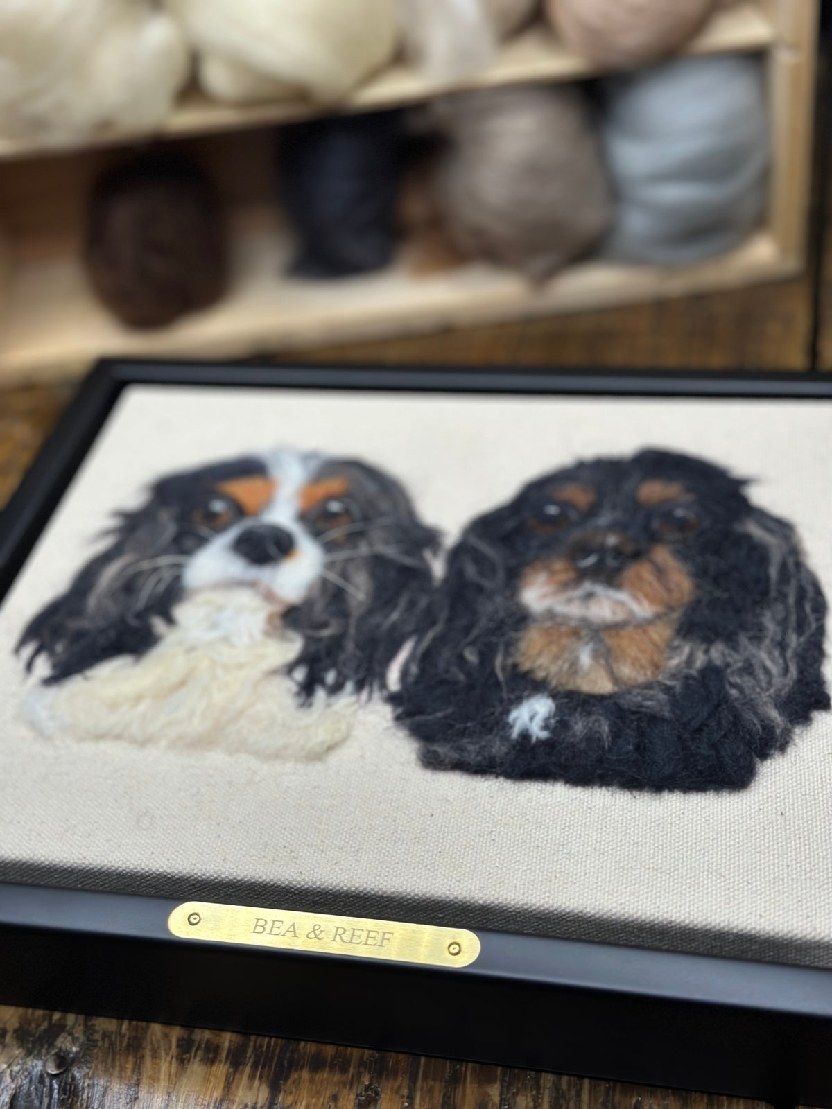 Double Pet Portrait – Custom Wool Art with Dual Name Plate