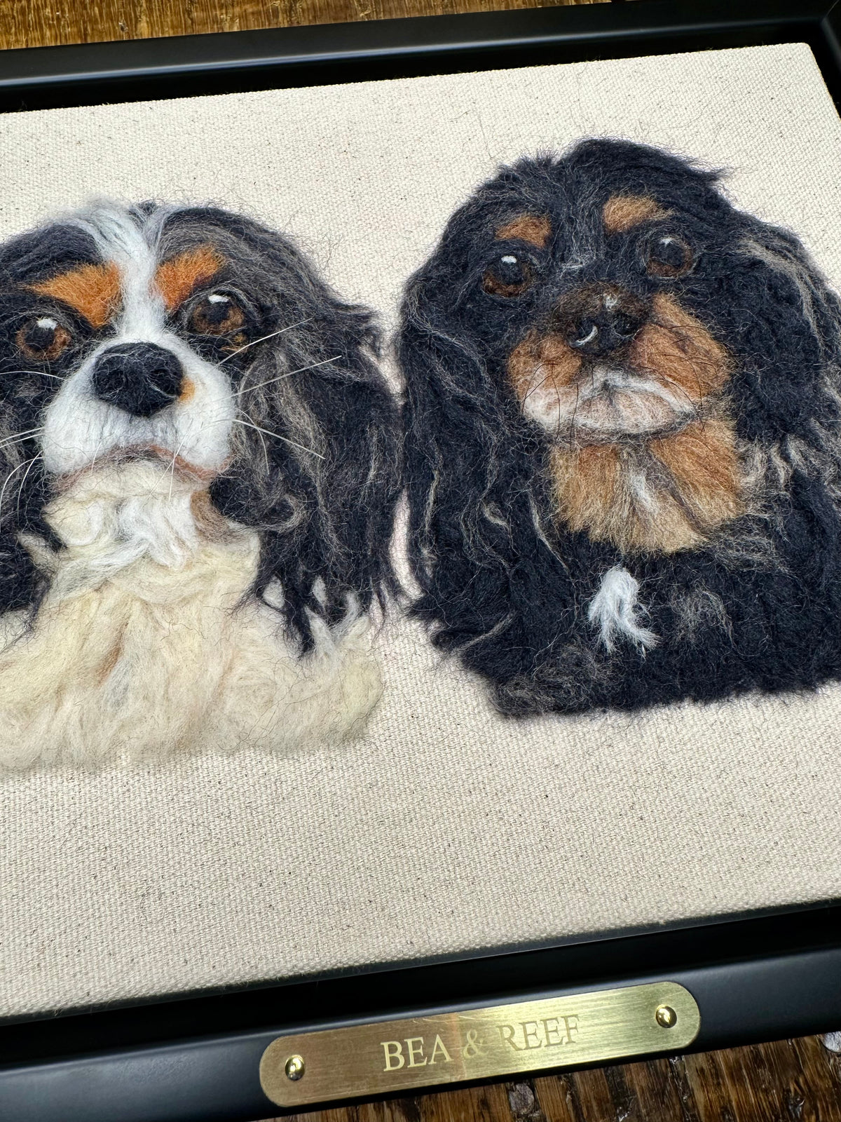 Double Pet Portrait – Custom Wool Art with Dual Name Plate