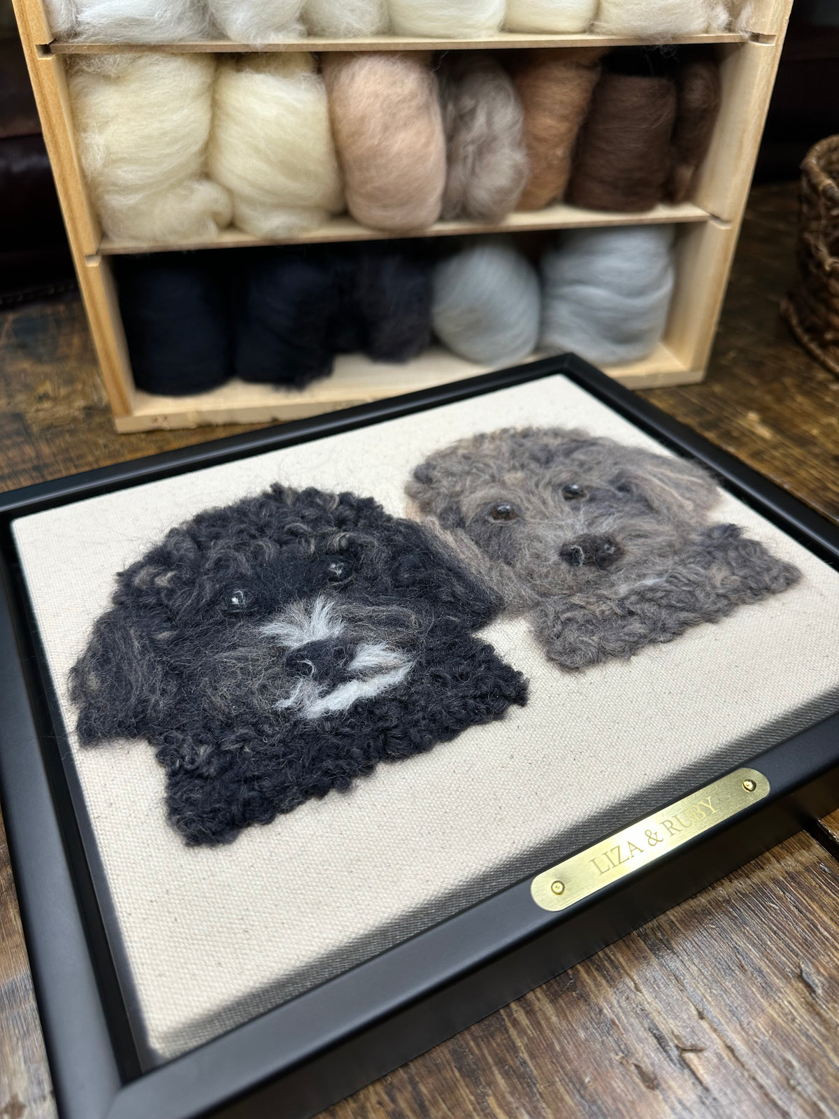Double Pet Portrait – Custom Wool Art with Dual Name Plate