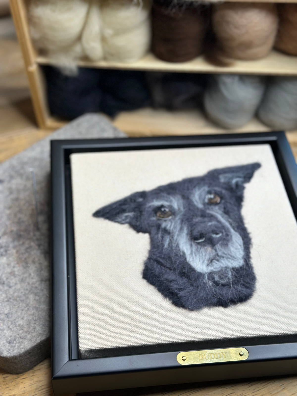Single Pet Portrait – Custom Wool Art with Name Plate