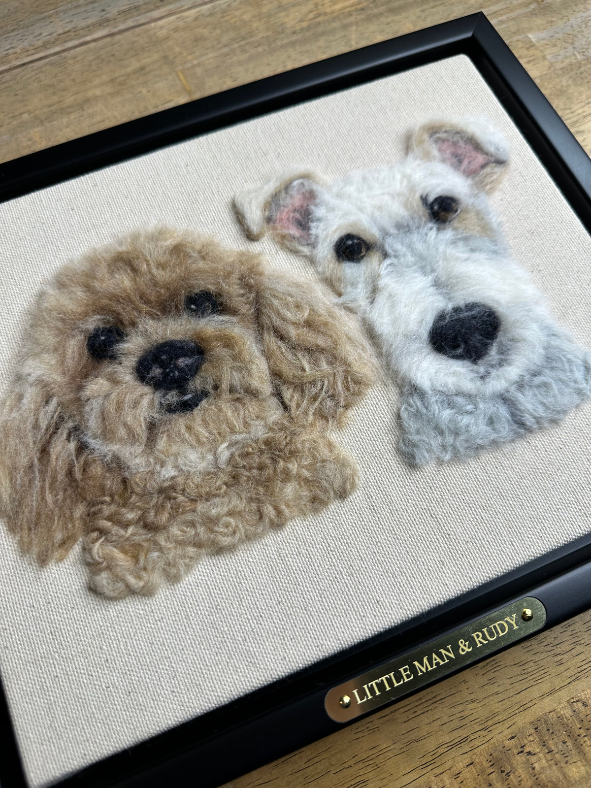 Double Pet Portrait – Custom Wool Art with Dual Name Plate